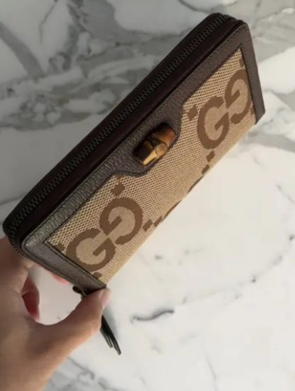 Gucci Brown Beige GG Canvas Continental Long Wallet with Bamboo Accent/EUC - Picture 6 of 6